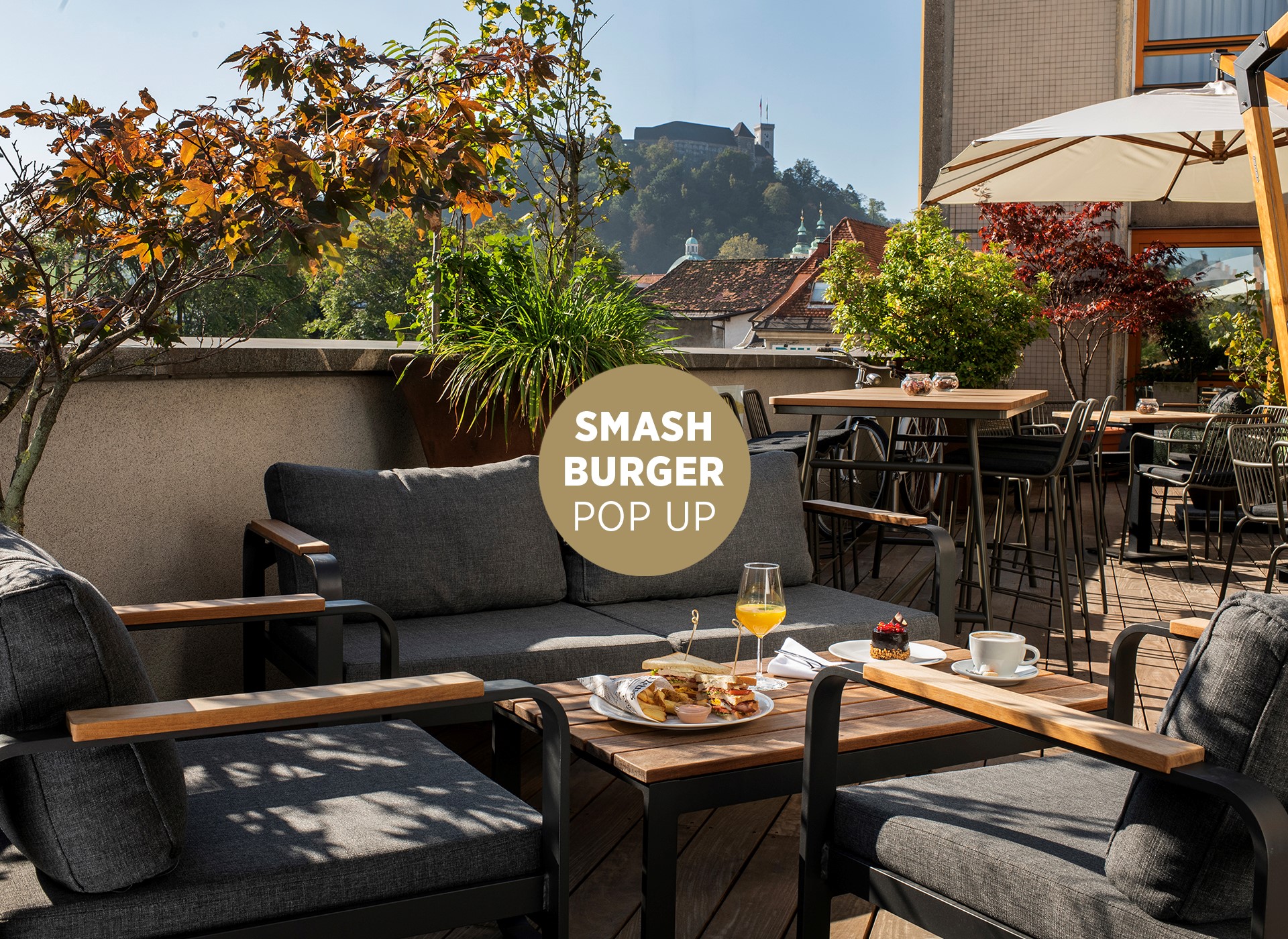 Our lush summer terrace is now home of Smash Burger pop up. Enjoy hotel breakfast or best burger in town with a stunning castle view.
